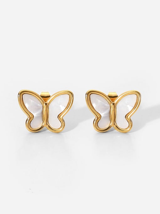 18K Gold Plated Titanium Butterfly Mother Of Pearl Stud Earrings